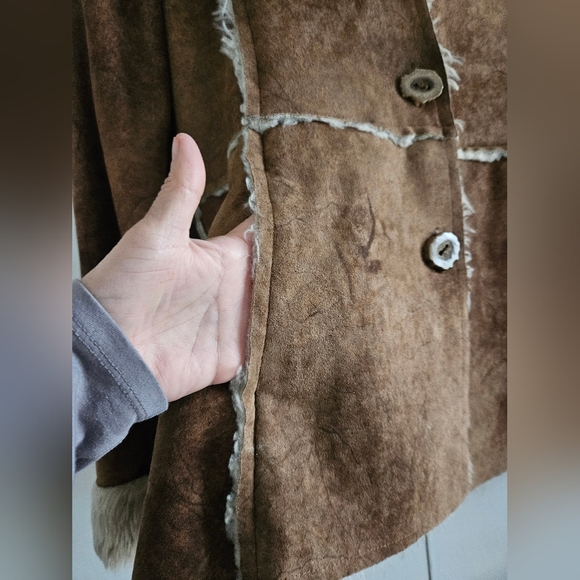 TG True Grit Vintage Faux Fur Suede Jacket Brown Fake Fur Lined Suede Coat M - Picture 3 of 10